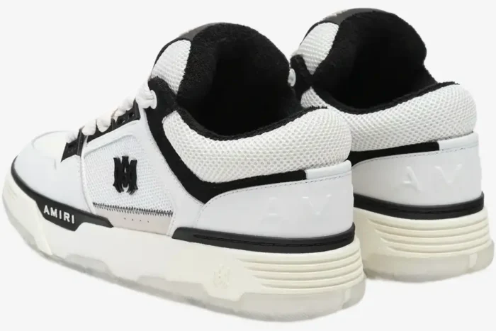 Rear view of white and black Amiri MA-1 Nappa luxury skate sneakers with chunky soles. - SKU AMFOSR1097-111