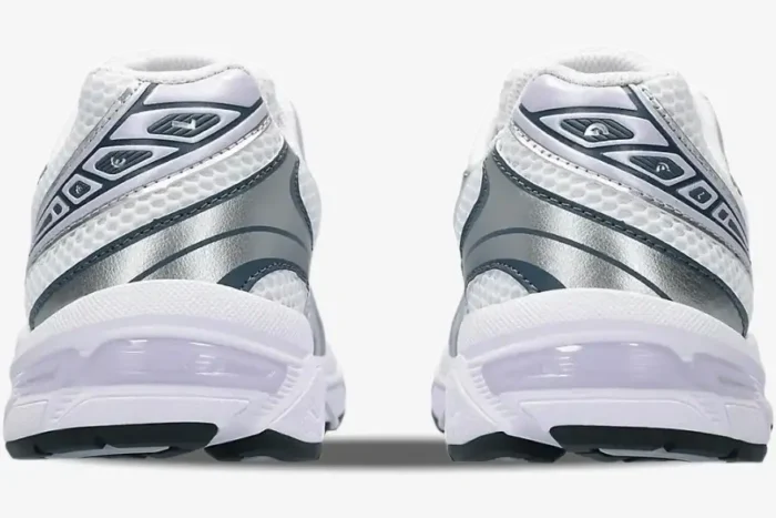 Rear view of Asics Gel-1130 sneakers in white and faded ash rock silver with mesh detailing. - SKU 1202A164113