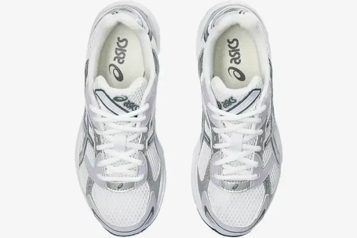 Top-down view of Asics Gel-1130 sneakers in white and faded ash rock with silver accents. - SKU 1202A164113
