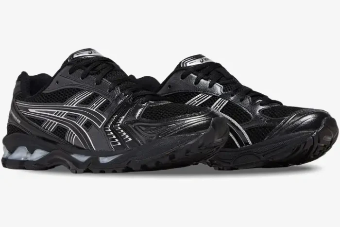 Asics Gel-Kayano 14 sneakers in black and silver metallic, side three-quarter view. - SKU 1201A019-006