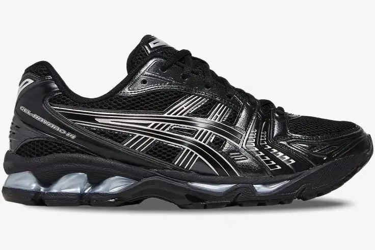 asics-gel-kayano-14-black-silver-side-view-1201a019-006-882-506 Side view of Asics Gel-Kayano 14 running shoes in black and metallic silver with mesh upper. - SKU 1201A019-006
