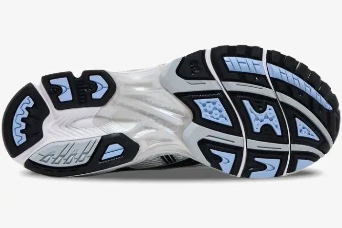 Outsole view of ASICS Gel-Kayano 14 x JJJJound White Silver Blue showing black and light blue tread pattern. - SKU 1203A961-101