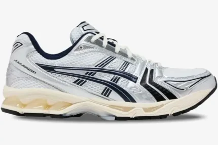 ASICS Gel Kayano 14 x JJJJound White Midnight Navy running shoe, side profile view on a white background. - SKU 1203A961-100