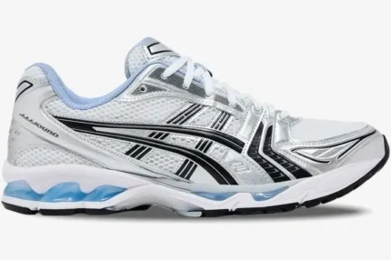 Side profile of ASICS Gel-Kayano 14 x JJJJound sneakers in white, silver, and light blue mesh. - SKU 1203A961-101