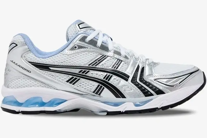 asics-gel-kayano-14-jjjjound-white-silver-side-1203a961-101-267-224 Side profile of ASICS Gel-Kayano 14 x JJJJound sneakers in white, silver, and light blue mesh. - SKU 1203A961-101