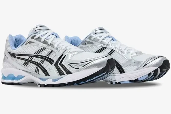 ASICS Gel-Kayano 14 x JJJJound running shoes in white and silver with blue accents, side profile view. - SKU 1203A961-101