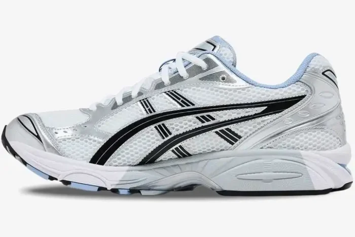 ASICS Gel-Kayano 14 x JJJJound sneaker in white, silver, and blue, side profile view. - SKU 1203A961-101