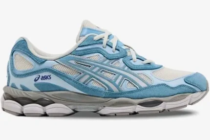 ASICS Gel NYC 'Arctic Sky' sneaker in white and blue, shown from a side profile perspective. - SKU 1203A383-107