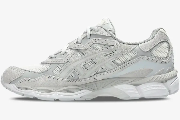 Asics Gel NYC Cream Cloud Grey sneakers, side profile view with mesh base and suede overlays. - SKU 1203A663-101
