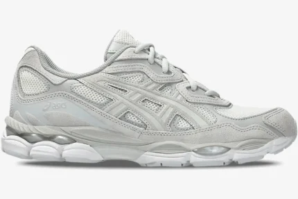 Side profile of Asics Gel NYC sneakers in Cream Cloud Grey with mesh and suede overlays. - SKU 1203A663-101