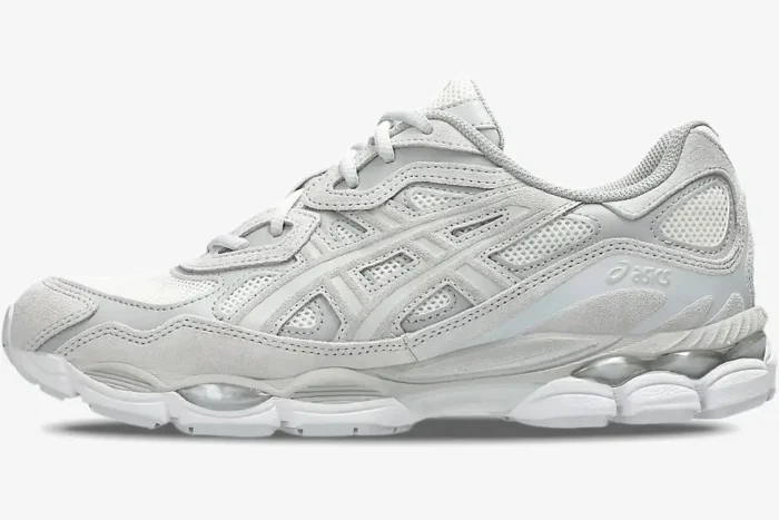 Asics Gel NYC sneakers in Cream Cloud Grey, shown from a side profile view against a white background. - SKU 1203A663-101