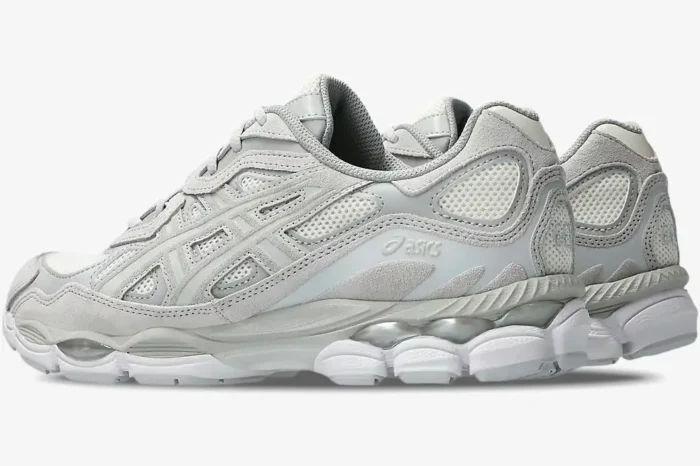 Side profile of Asics Gel NYC sneakers in Cream Cloud Grey featuring mesh and suede overlays. - SKU 1203A663-101