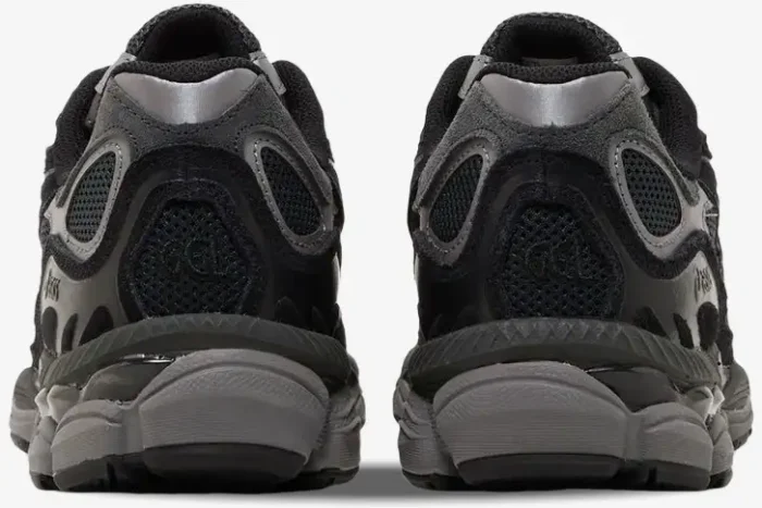 Rear view of ASICS Gel NYC sneakers in Graphite Grey Black featuring mesh panels and chunky soles. - SKU 1201A789-020