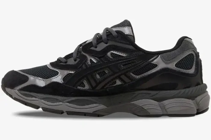 Side profile of ASICS Gel NYC sneakers in Graphite Grey and Black with a mesh and suede upper. - SKU 1201A789-020