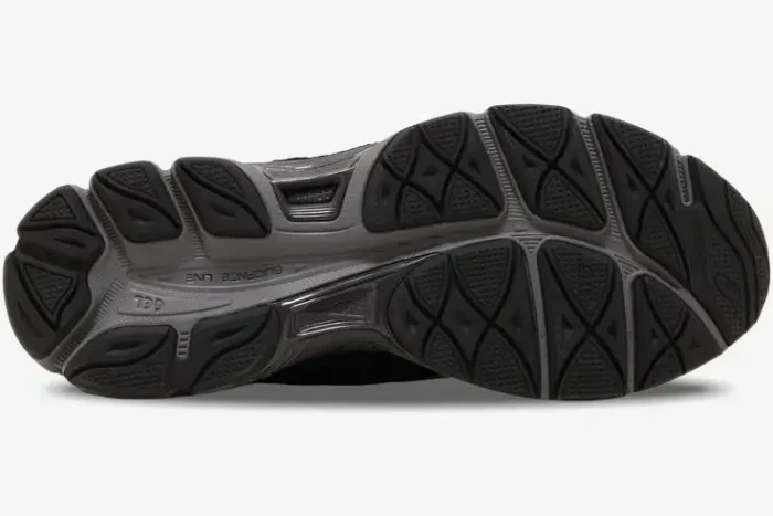Bottom view of the ASICS Gel NYC Graphite Grey Black sneaker outsole with traction pattern. - SKU 1201A789-020