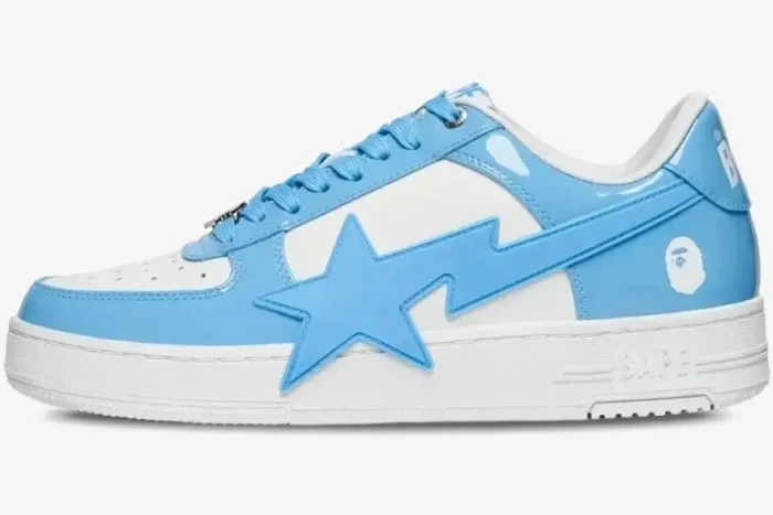 Side view of BAPE STA OS #3 M2 blue and white patent leather sneakers. - SKU 0ZXSHMX91310NBLA