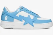 A Bathing Ape Bape STA OS #3 M2 blue and white patent leather sneaker, side profile view. - SKU 0ZXSHMX91310NBLA