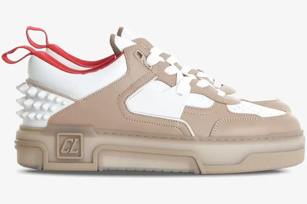 christian-louboutin-astroloubi-beige-side-view-1240001f688-174-129 Christian Louboutin Astroloubi sneaker in beige, white, and red, shown from a side profile view. - SKU 1240001F688