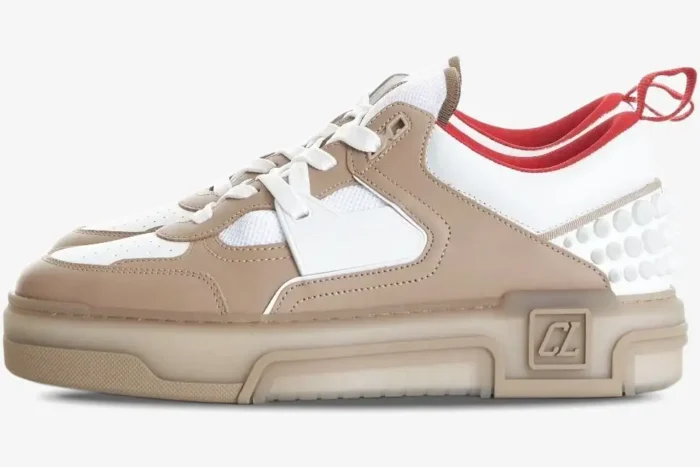 Christian Louboutin Astroloubi sneaker in beige, white, and red, shown from a side profile view. - SKU 1240001F688