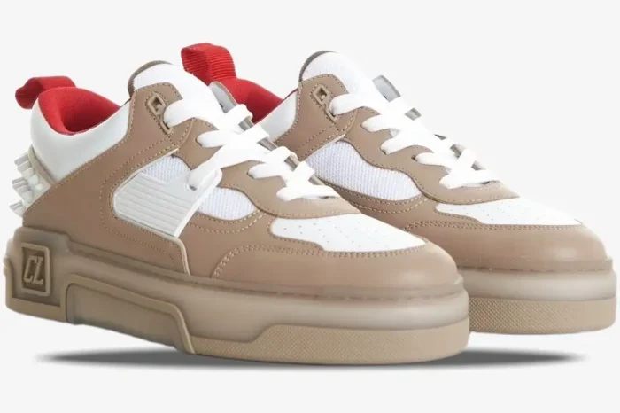 Christian Louboutin Astroloubi sneakers in beige, white, and red, shown from a side perspective. - SKU 1240001F688