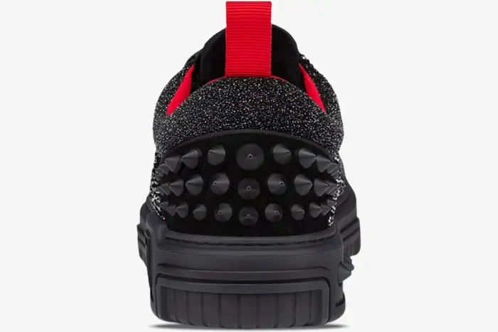 Rear view of Christian Louboutin Astroloubi sneakers in black, silver, and red with spiked heel. - SKU 3230886H358