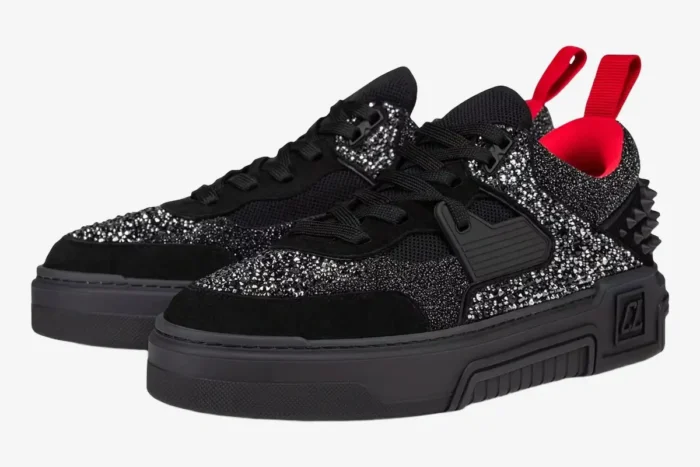 Christian Louboutin Astroloubi sneakers in black suede and silver glitter with red accents, three-quarter side view. - SKU 3230886H358