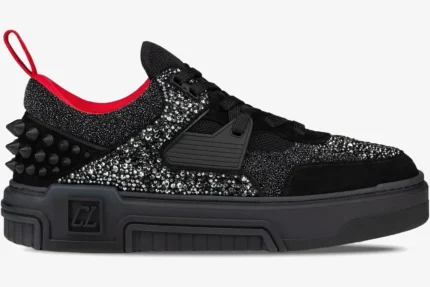 Side profile of Christian Louboutin Astroloubi sneakers in black and silver with red accents and heel spikes. - SKU 3230886H358