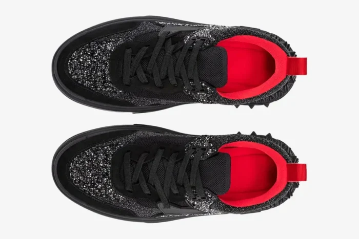 Top-down view of Christian Louboutin Astroloubi sneakers in black and silver glitter with red lining. - SKU 3230886H358