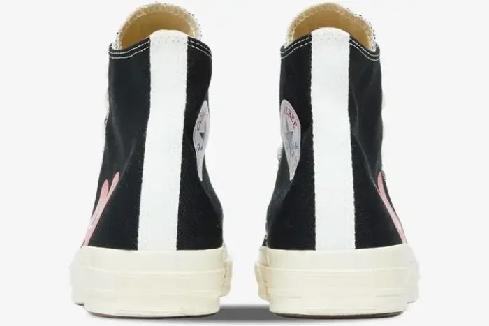Rear view of black Converse x Comme des Garçons PLAY Chuck 70 high-top sneakers with white heel stripes. - SKU 150204C