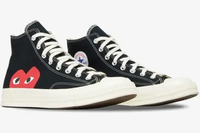 Black Converse Chuck Taylor 70s x CDG high-top sneakers with red heart logo, side view. - SKU 150204C