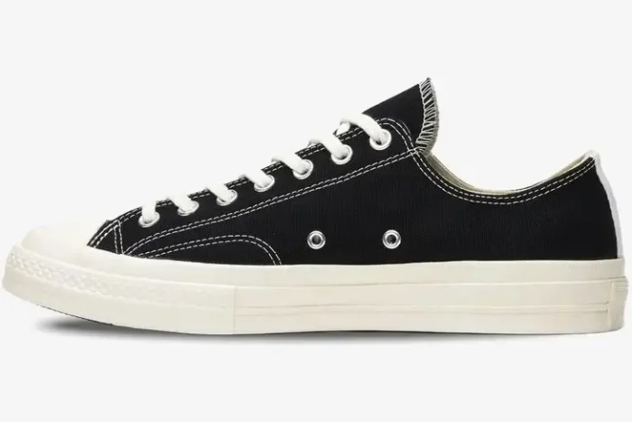 Converse Chuck Taylor 70 x CDG Play Low Black sneaker, medial side profile view with cream sole. - SKU 150206C