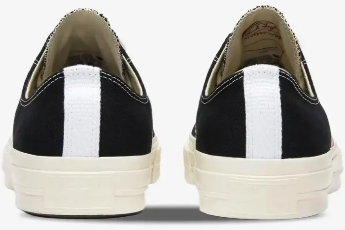Rear view of Converse x Comme des Garçons Play Chuck 70 Low black sneakers with off-white soles. - SKU 150206C