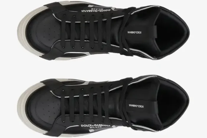 Top-down view of Dolce & Gabbana 2.Zero High Top sneakers in black, white, and silver. - SKU CS1870AO22301