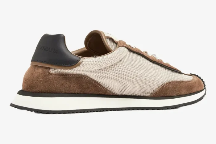 Side view of Dolce & Gabbana Cushion Sneaker in white, beige, and brown mesh and suede. - SKU CS2288A3D2489651