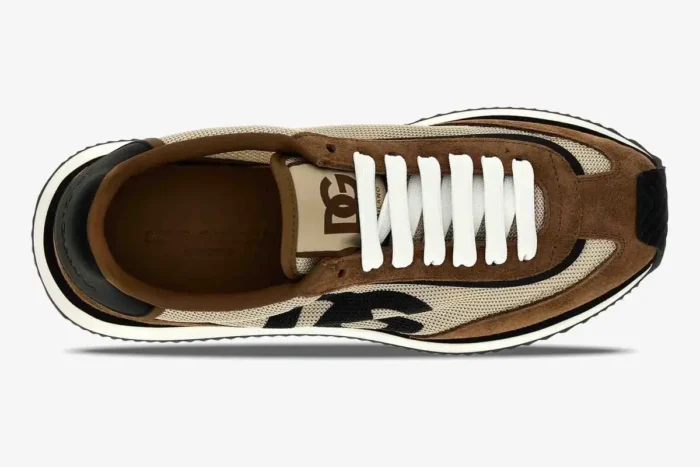 Top-down view of a Dolce & Gabbana Cushion Sneaker in brown, beige, and white with white laces. - SKU CS2288A3D2489651