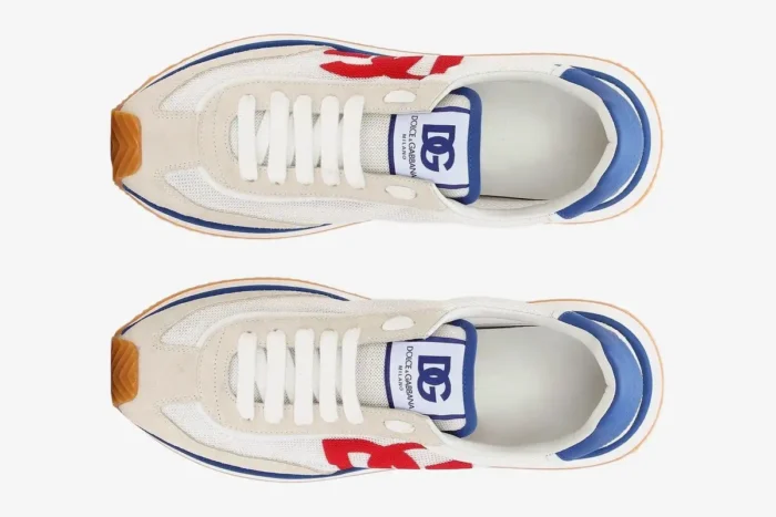 Top-down view of Dolce & Gabbana Cushion Sneakers in white with blue, red, and orange accents. - SKU CS2288A535589926