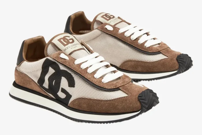 Dolce & Gabbana Cushion Sneaker in white, beige, and brown suede, three-quarter front view. - SKU CS2288A3D2489651