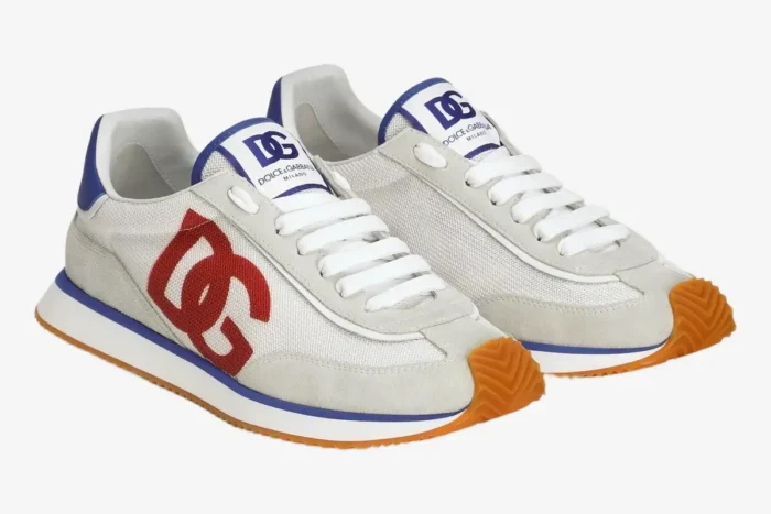 Pair of Dolce & Gabbana Cushion Sneakers in white, blue, red, and orange, three-quarter view. - SKU CS2288A535589926