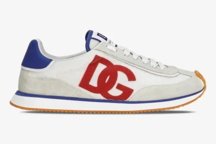 Dolce & Gabbana Cushion Sneaker in white, blue, and red with orange sole, side view. - SKU CS2288A535589926