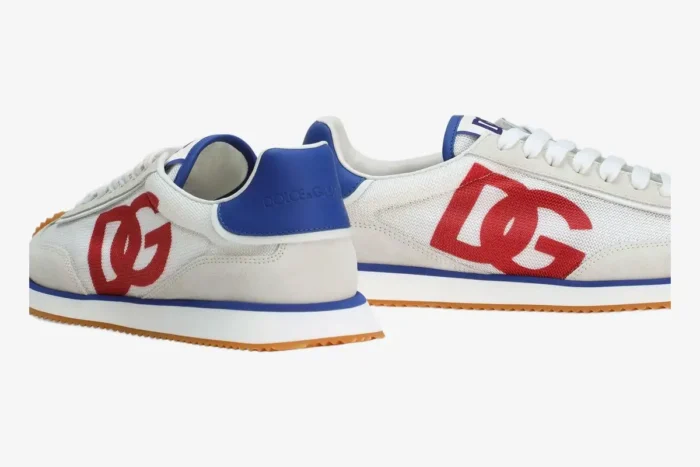 Dolce & Gabbana Cushion Sneakers in white, blue, and red, showing rear and side angles with gum soles. - SKU CS2288A535589926