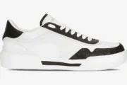Dolce & Gabbana New Roma calfskin sneaker in white with black croc-embossed trim, side profile view. - SKU CS2275A2Y8789697