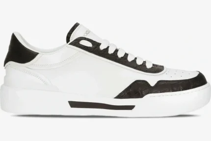 Dolce & Gabbana New Roma calfskin sneaker in white with black croc-embossed trim, side profile view. - SKU CS2275A2Y8789697