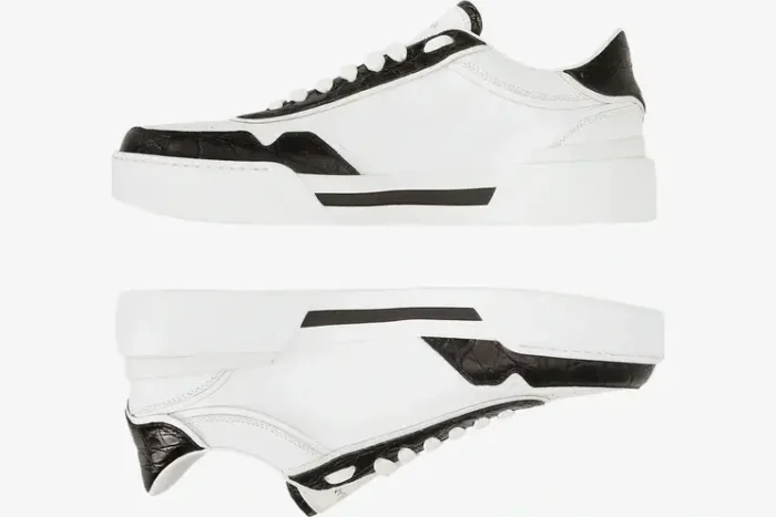 Side view of Dolce & Gabbana New Roma white calfskin sneakers with black croc-embossed details. - SKU CS2275A2Y8789697