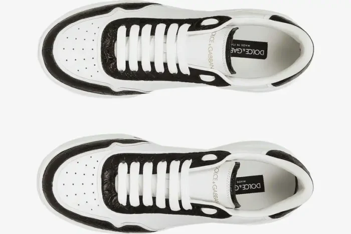 Top-down view of Dolce & Gabbana New Roma sneakers in white calfskin with black croc-embossed leather trim. - SKU CS2275A2Y8789697