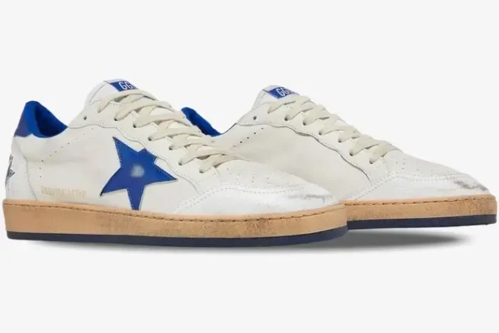 Golden Goose Ball Star sneakers in distressed white and blue, side profile view. - SKU GMF00117-F002198-10327