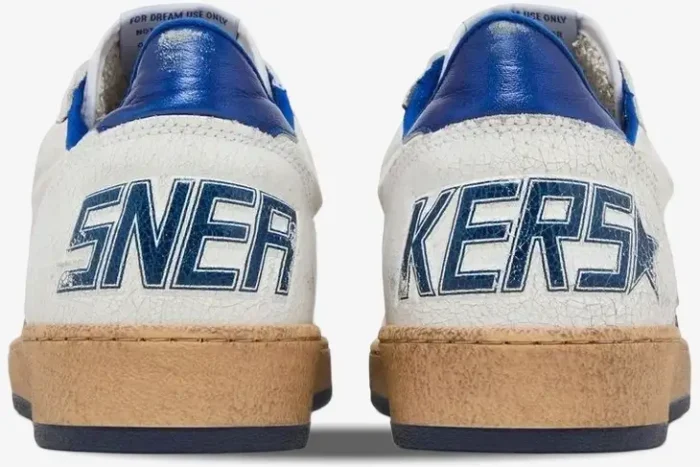 Rear view of Golden Goose Ball Star sneakers in distressed white and blue with 'SNEAKERS' text on heels. - SKU GMF00117-F002198-10327
