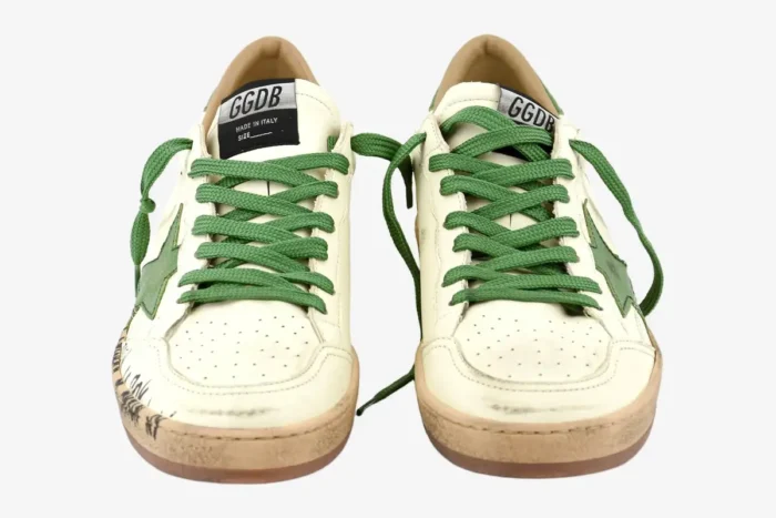 Front-facing view of Golden Goose Ball Star sneakers in white and green with tan soles. - SKU GWF00117-F005821-10361