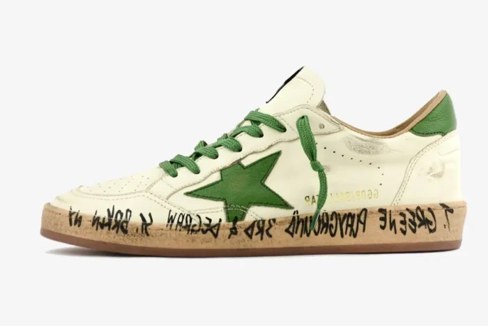 Side profile of Golden Goose Ball Star white and green leather sneakers with graffiti-detailed tan midsoles. - SKU GWF00117-F005821-10361