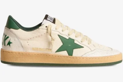Side view of Golden Goose Ball Star sneakers in white leather with a green star and tan sole. - SKU GWF00117-F005821-10361