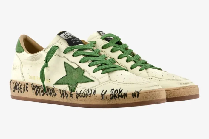 Golden Goose Ball Star sneakers in white and green with tan graffiti soles, three-quarter view. - SKU GWF00117-F005821-10361